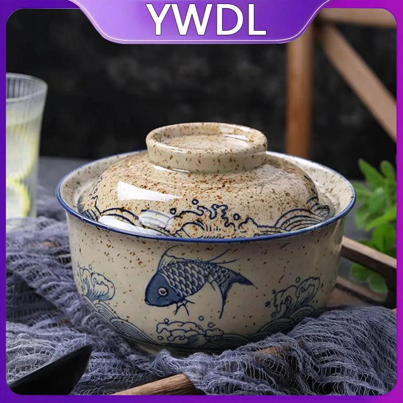 YWDL 6.5inch Japanese Style Ramen Bowl With Lid Ceramic Instant Noodle Bowl For Soup Rice Noodle And Porridge Kitchen Tableware