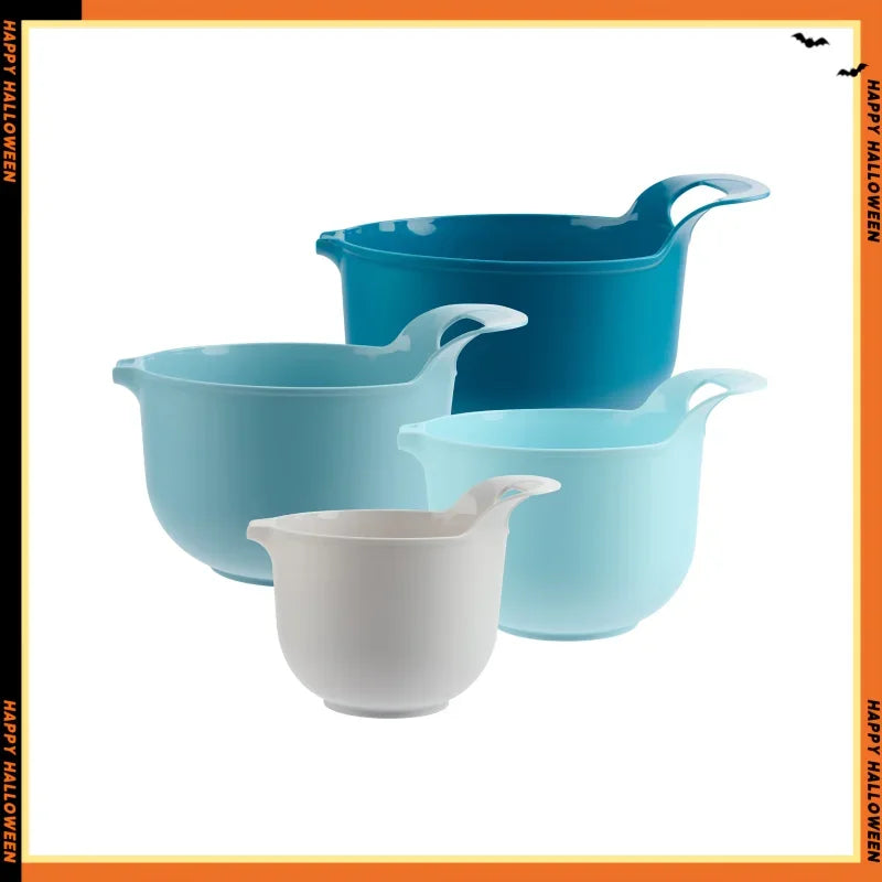 4 Piece Nesting Plastic Mixing Bowl Set with Pour Spouts and Handles, Blue