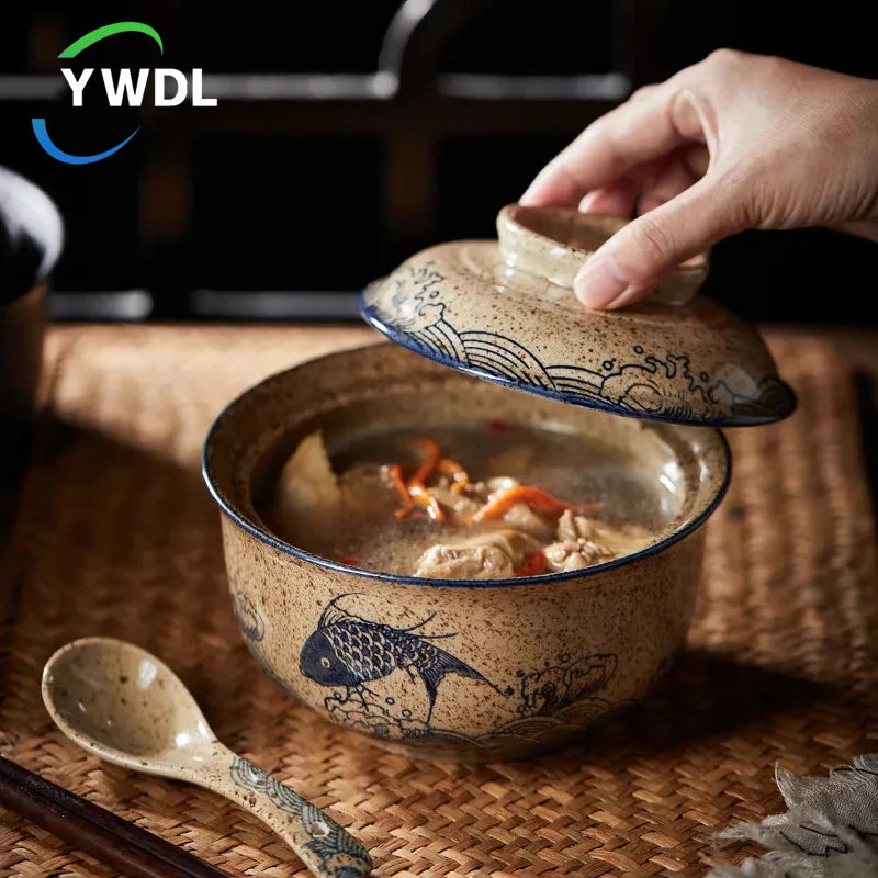 YWDL 6.5inch Japanese Style Ramen Bowl With Lid Ceramic Instant Noodle Bowl For Soup Rice Noodle And Porridge Kitchen Tableware
