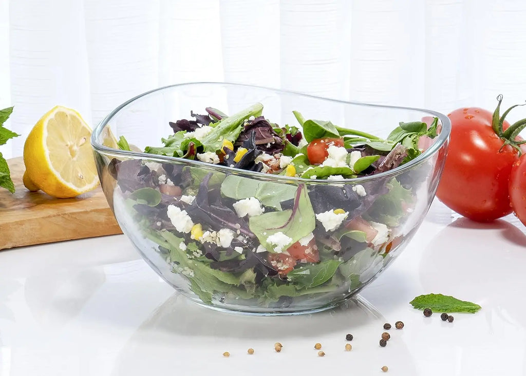 Clear Glass Wavy Serving & Mixing Bowl, 2 Quart Medium for Salad, Pasta, Desserts, Snacks