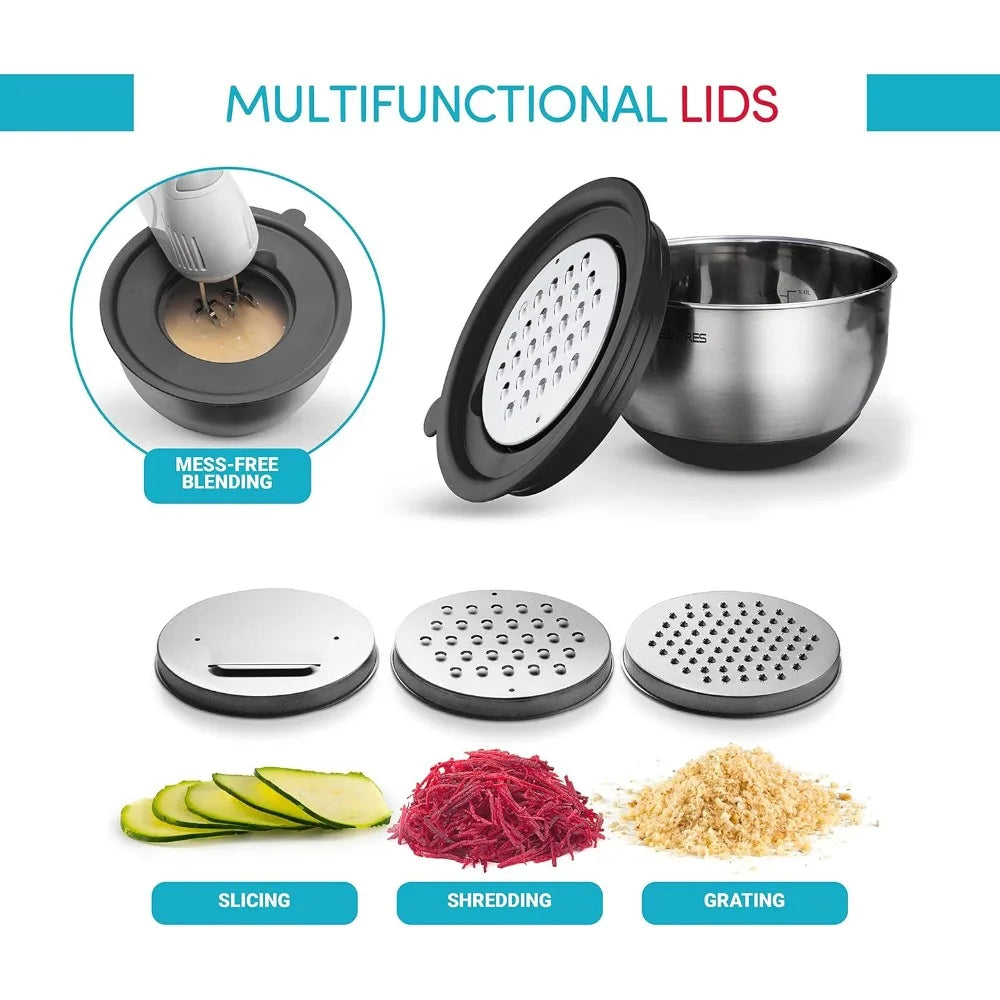 8-piece stainless steel nesting mixing bowl set with sealing lid, includes 3 grater attachments and non-slip bottom.