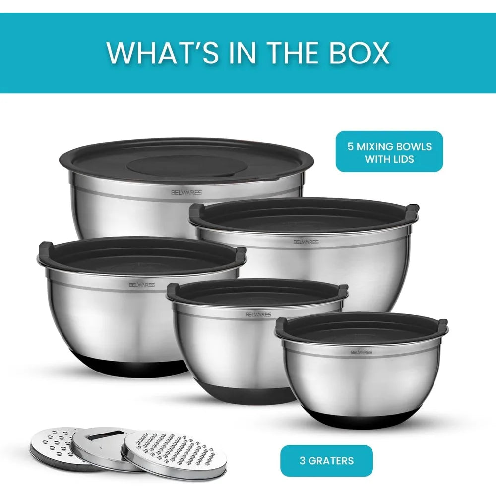 8-piece stainless steel nesting mixing bowl set with sealing lid, includes 3 grater attachments and non-slip bottom.