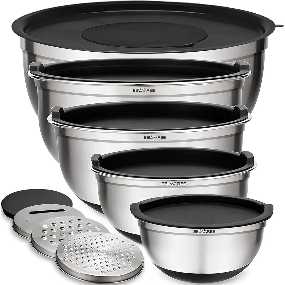 8-piece stainless steel nesting mixing bowl set with sealing lid, includes 3 grater attachments and non-slip bottom.